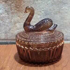 Vintage Cut Panel Glass Swan Lid Covered Powder Dish Trinket Box Vanity Jar